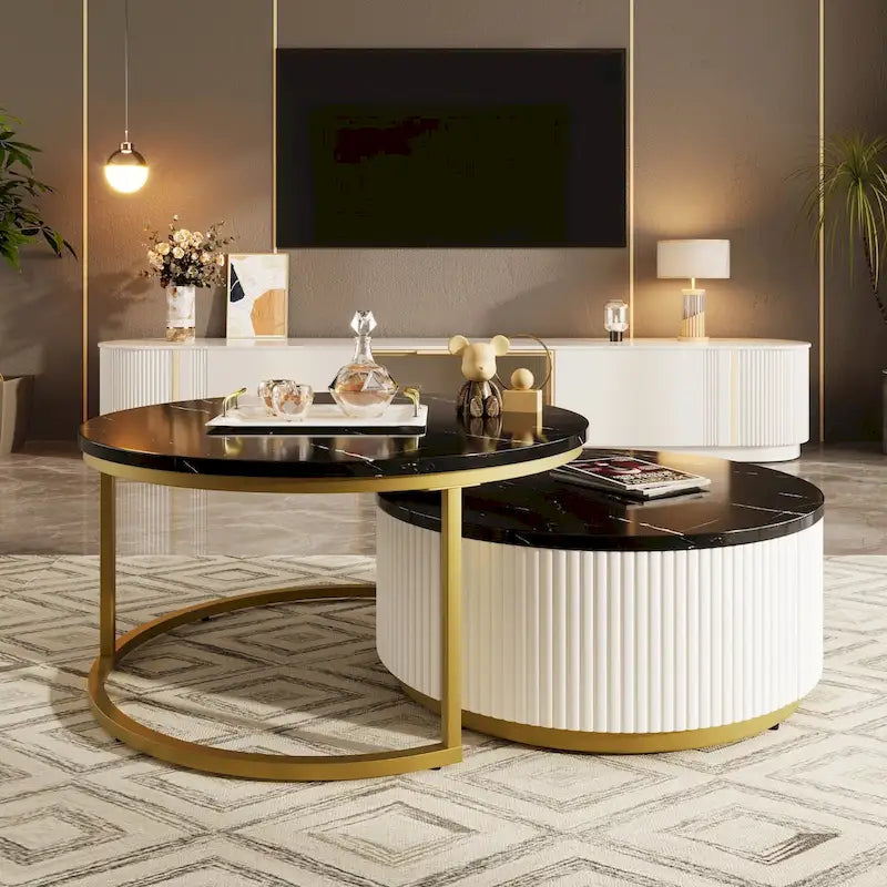 Table basse gigogne ronde moderne cannelée avec tiroir