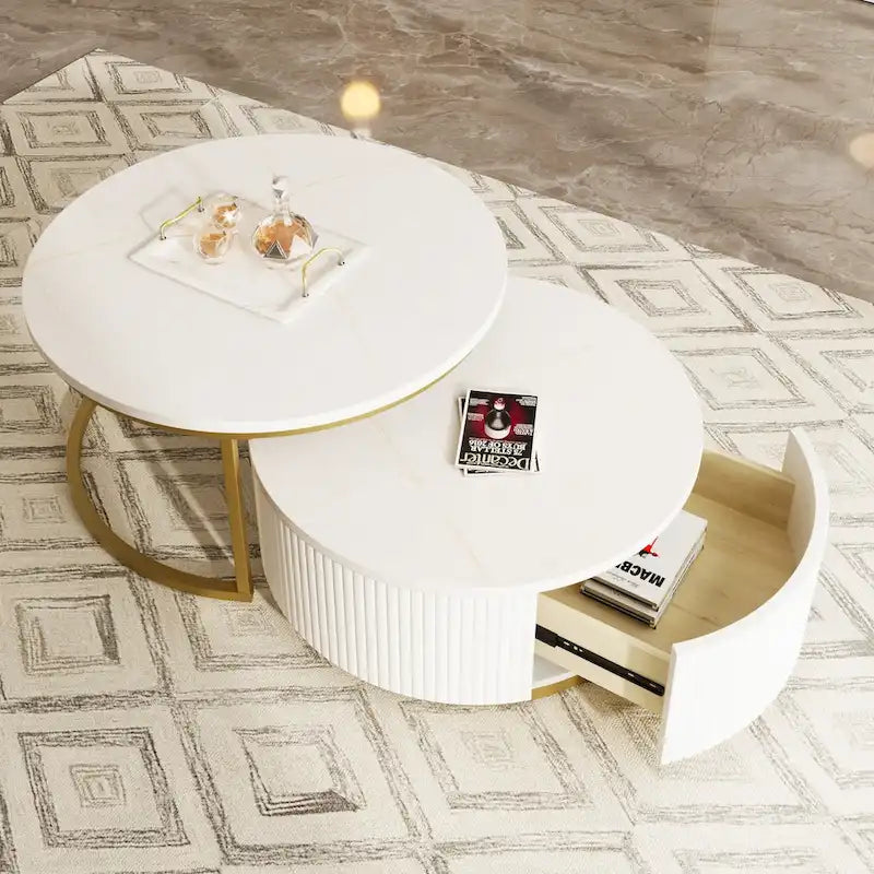 Table basse gigogne ronde moderne cannelée avec tiroir