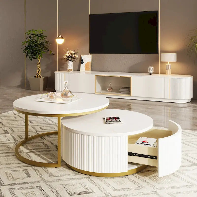 Table basse gigogne ronde moderne cannelée avec tiroir