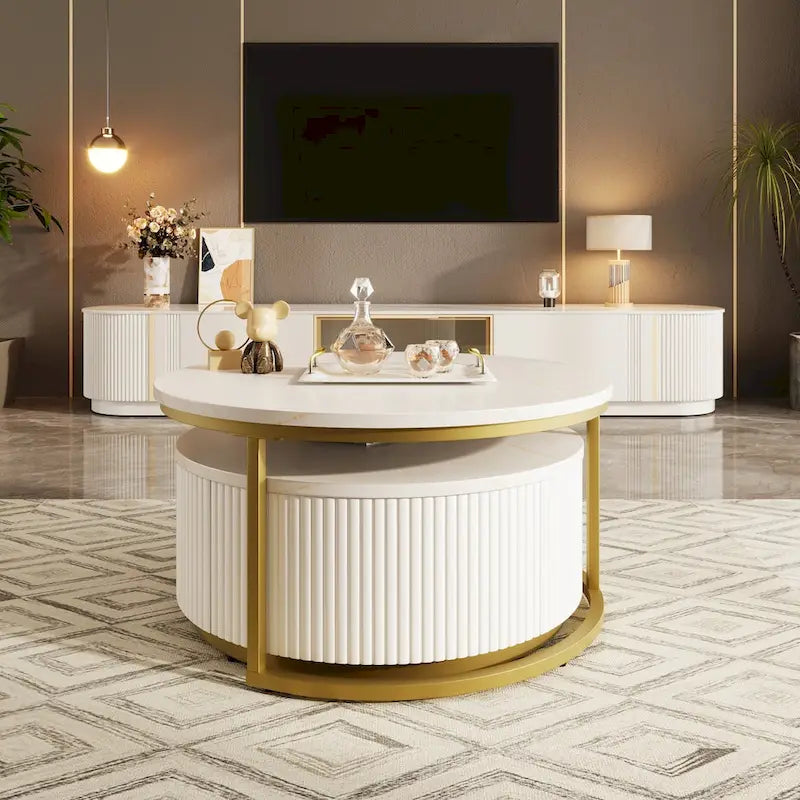 Table basse gigogne ronde moderne cannelée avec tiroir