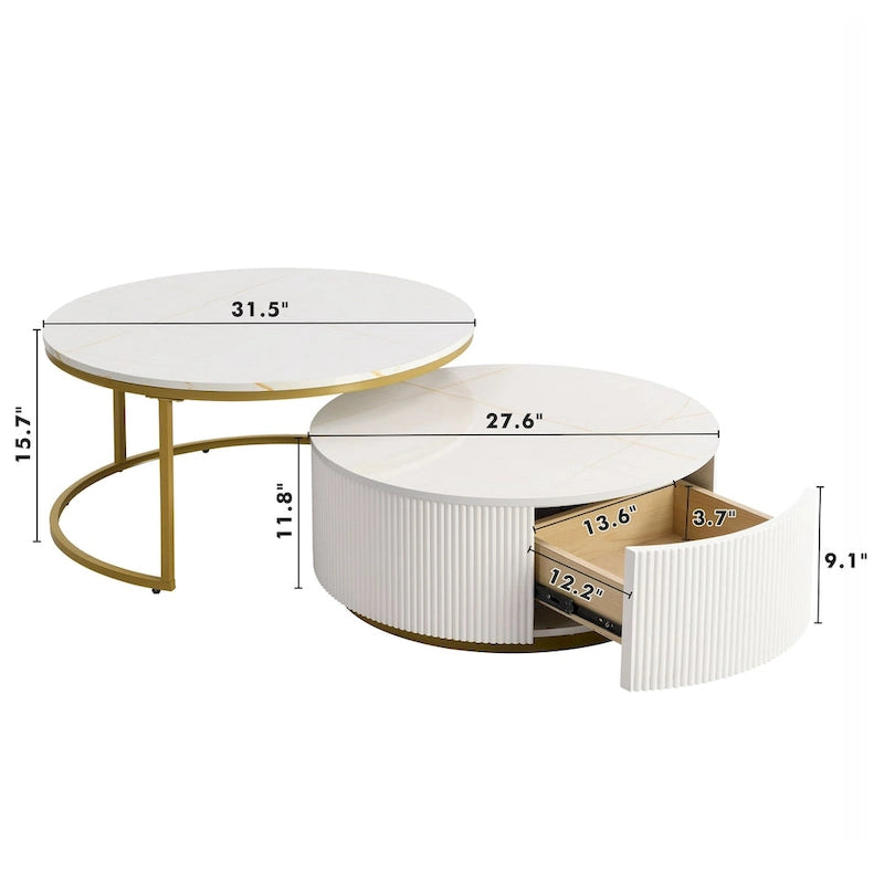 Table basse gigogne ronde moderne cannelée avec tiroir