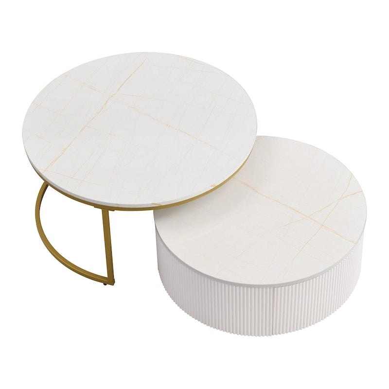 Table basse gigogne ronde moderne cannelée avec tiroir