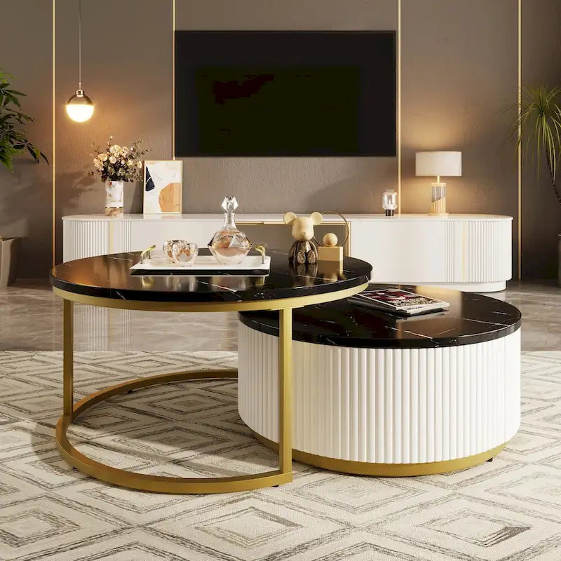 Table basse gigogne ronde moderne cannelée avec tiroir
