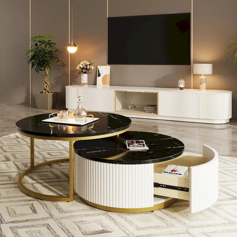 Table basse gigogne ronde moderne cannelée avec tiroir