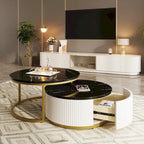 Table basse gigogne ronde moderne cannelée avec tiroir