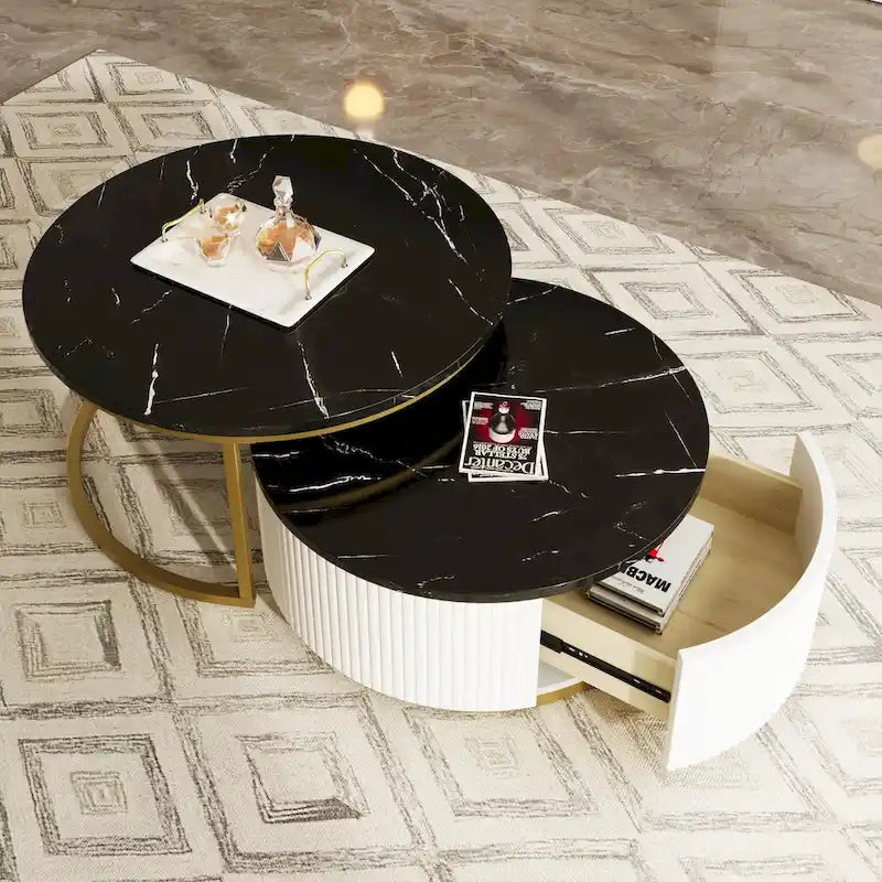 Table basse gigogne ronde moderne cannelée avec tiroir