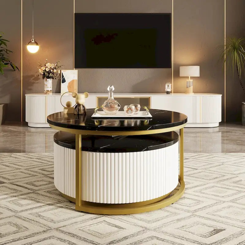 Table basse gigogne ronde moderne cannelée avec tiroir