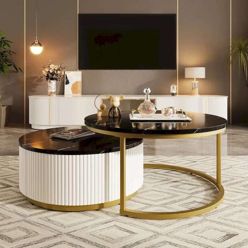 Table basse gigogne ronde moderne cannelée avec tiroir