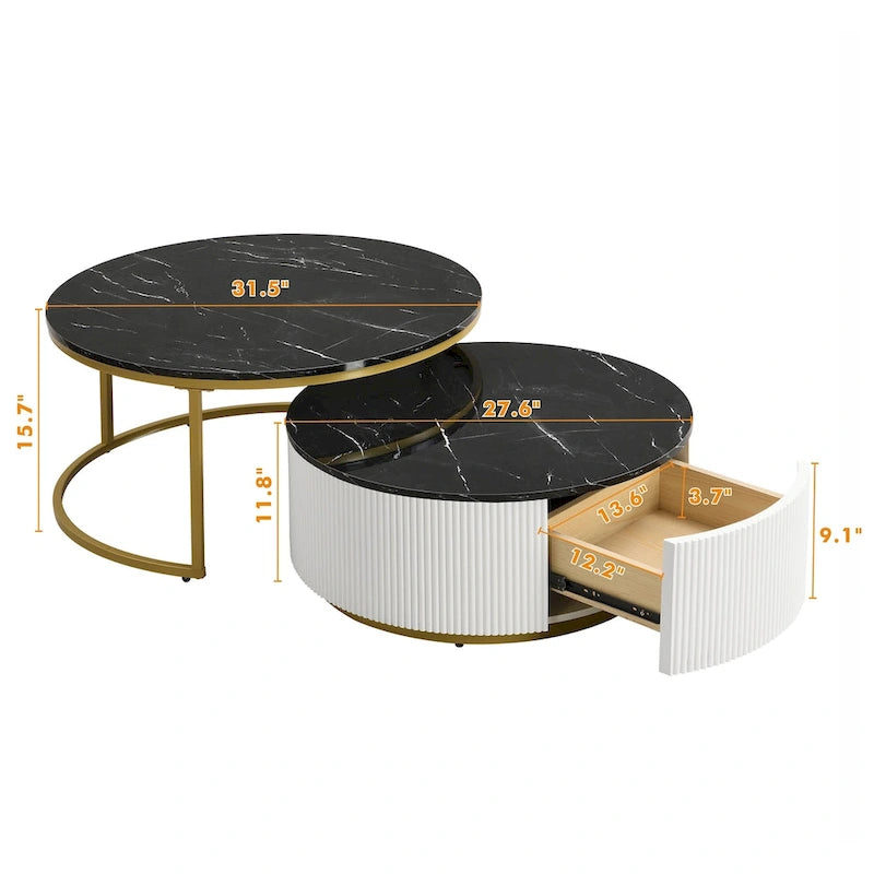 Table basse gigogne ronde moderne cannelée avec tiroir
