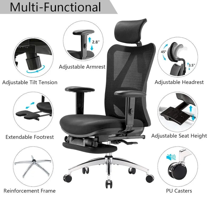 Chaise de bureau ergonomique en maille à dossier haut avec repose-pieds et soutien lombaire