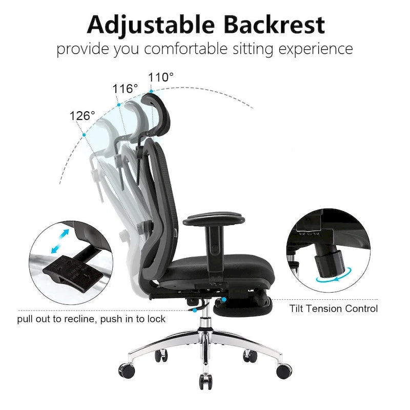 Chaise de bureau ergonomique en maille à dossier haut avec repose-pieds et soutien lombaire