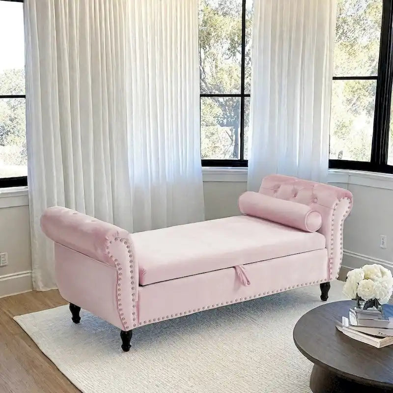 Banc de rangement multifonctionnel traditionnel Xanthia en velours avec oreiller