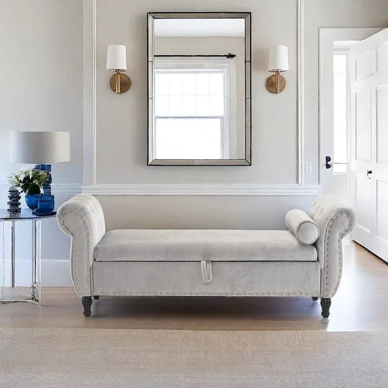 Banc de rangement multifonctionnel traditionnel Xanthia en velours avec oreiller