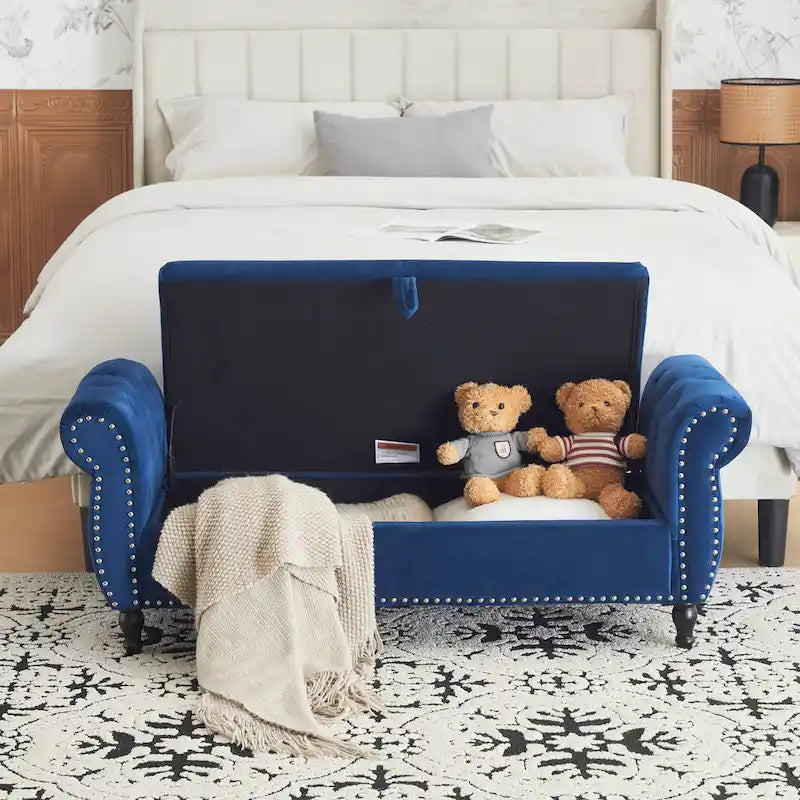 Banc de rangement multifonctionnel traditionnel Xanthia en velours avec oreiller