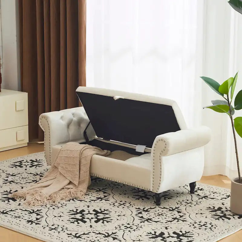 Banc de rangement multifonctionnel traditionnel Xanthia en velours avec oreiller