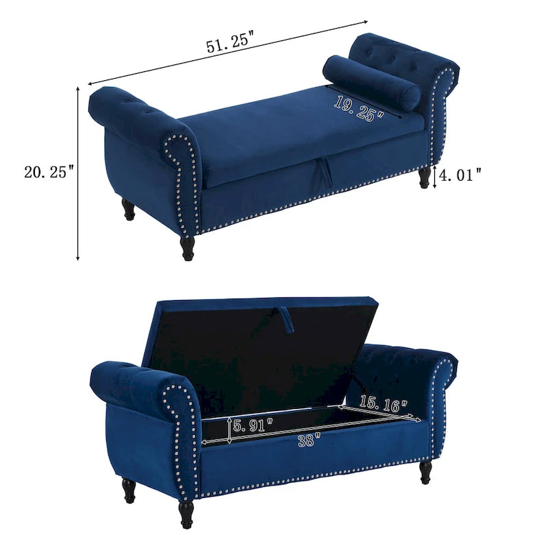 Banc de rangement multifonctionnel traditionnel Xanthia en velours avec oreiller
