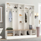 Meuble d'entrée large avec banc de rangement - Meuble à chaussures minimaliste, rangements cubiques, 8 crochets