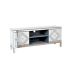 Meuble TV de 150 cm avec portes miroir en losange et rangement pour téléviseurs jusqu'à 65 pouces